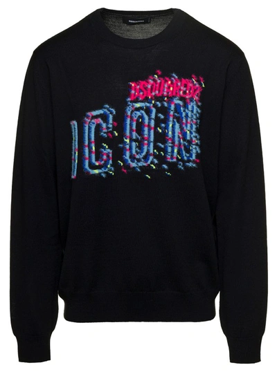 Dsquared2 Black Crewneck Sweatshirt With ' Icon' Print In Cotton
