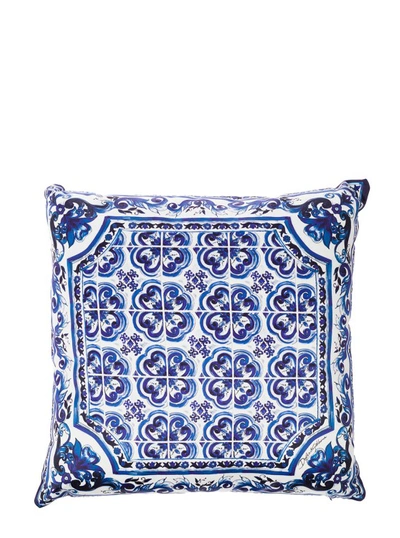 Dolce & Gabbana Blue And White Small Cushion With Blue Mediterranean Print In Duchesse Cotton