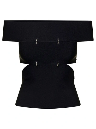 ALEXANDER MCQUEEN BLACK OFF-THE-SHOULDERS TOP WITH CUT-OUT AND METAL RINGS IN VISCOSE BLEND
