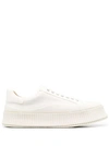 JIL SANDER WHITE RIDGED LOW TOP SNEAKERS IN CANVAS AND LEATHER