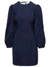 GANNI MINI NAVY BLUE OPEN-BACK DRESS WITH BALLOON SLEEVES IN STRETCH VISCOSE BLEND