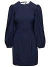 Ganni Mini Navy Blue Open-back Dress With Balloon Sleeves In Stretch Viscose Blend Woman In Black