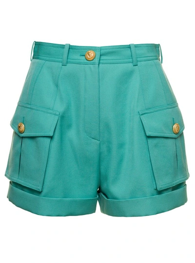 Balmain Light Blue Shorts With Cuff And Jewel Buttons In Wool Woman In Green