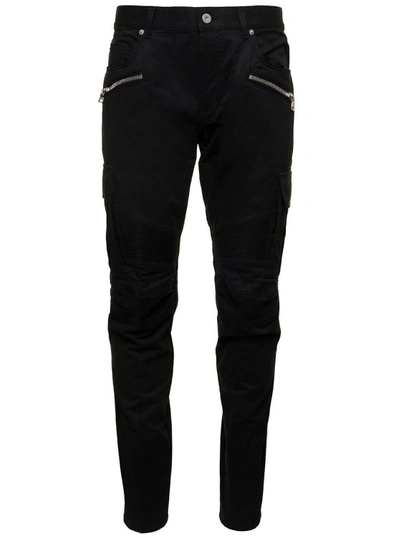 BALMAIN BLACK SLIM CARGO PANTS WITH ZIP AND POCKETS IN STRETCH COTTON