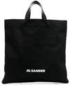 JIL SANDER BLACK TOTE BAG WITH LOGO PRINT IN CANVAS