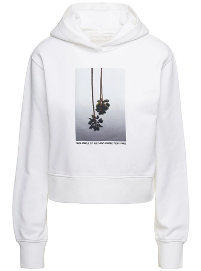 Palm Angels White Cropped Hoodie And Contrasting Print In Cotton