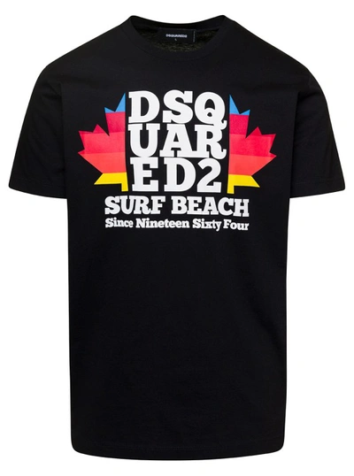DSQUARED2 BLACK CREWNECK T-SHIRT WITH D2 SURF BEACH LOGO ON THE CHEST IN COTTON