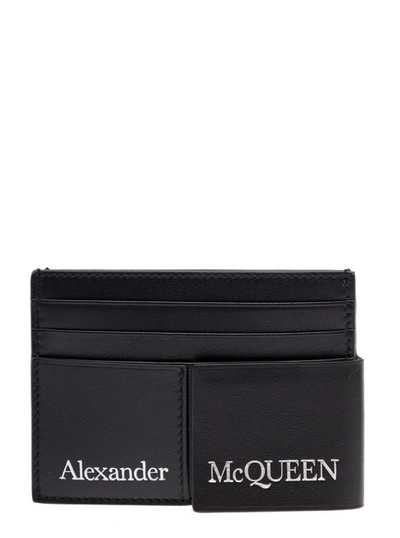 Alexander Mcqueen Black Double Card-holder With Contrasting Lettering In Leather