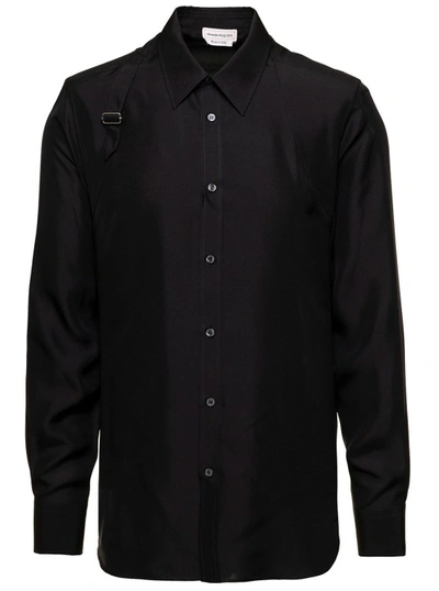ALEXANDER MCQUEEN BLACK LONG SLEEVED SHIRT WITH HARNESS DETAIL IN SILK