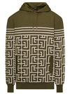 BALMAIN MILITARY GREEN HOODIE WITH MONOGRAM AND STRIPES IN WOOL AND LINEN