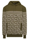 Balmain Military Green Hoodie With Monogram And Stripes In Wool And Linen Man In Black
