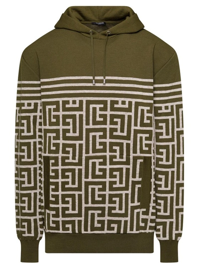 BALMAIN MILITARY GREEN HOODIE WITH MONOGRAM AND STRIPES IN WOOL AND LINEN