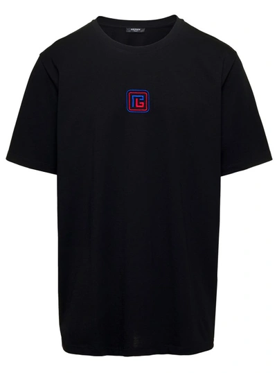 BALMAIN BLACK T-SHIRT WITH FRONT LOGO EMBROIDERY IN ORGANIC COTTON