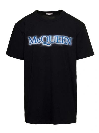 Alexander Mcqueen Black Crewneck T-shirt With Logo Print At The Front In Cotton Man