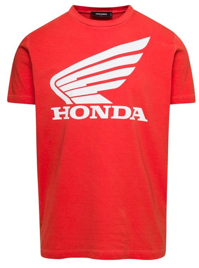 Dsquared2 Red Honda Crew Neck T-shirt With Logo Print On The Chest In Cotton