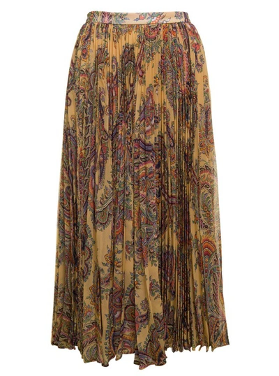 Etro Maxi Multicolor Pleated Skirt With All-over Paisley Print In Fabric In Brown