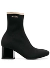MARNI BLACK ANKLE BOOT IN LEATHER WITH MEDIUM AND WIDE HEEL ECRU-COLORED DETAILS