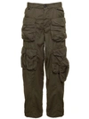 DSQUARED2 MILITARY GREEN LOW WAISTED CARGO PANTS WITH BRANDED BUTTONS IN STRETCH COTTON