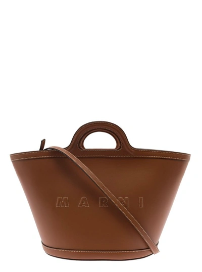 Marni Tropicalia Small Brown Handbag With Embossed Logo And Contrasting Stitch In Leather Woman In Red