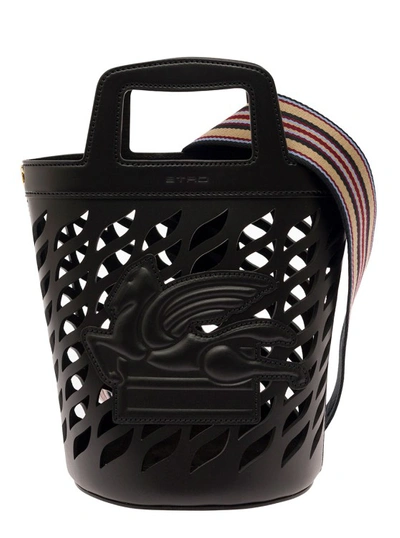 Etro Black Bucket Bag With Multicolor Shoulder Strap And Pegasus Detail In Perforated Leather