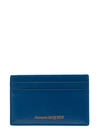 ALEXANDER MCQUEEN BLUE CARD-HOLDER WITH EMBOSSED LOGO IN SMOOTH LEATHER