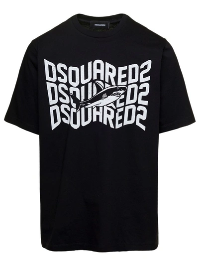 DSQUARED2 BLACK T-SHIRT WITH SHARK AND LOGO PRINT IN COTTON