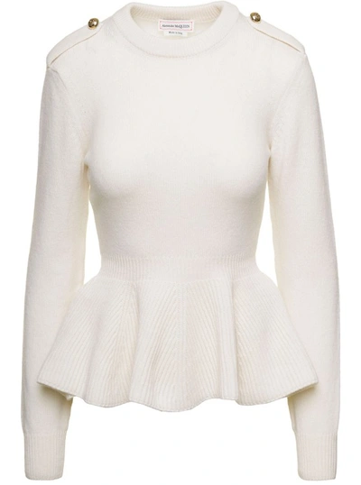 Alexander Mcqueen White Pullover With Peplum Waist And Jewel Buttons In Wool And Cashmere Woman