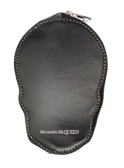 Alexander Mcqueen Black Skull-shaped Card-holder With Zip In Leather In Grey