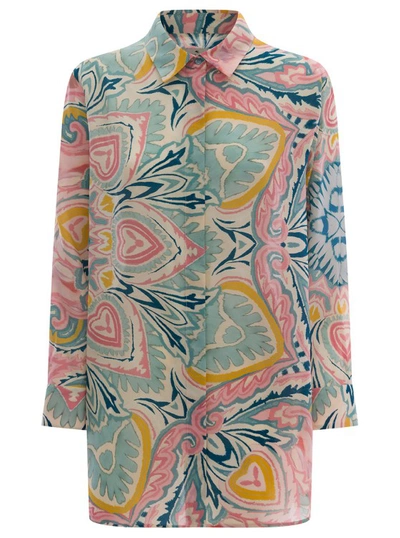 Etro Light Blue Shirt With Multicolored  Graphic Printed Pattern All-over In Silk Woman In Grey