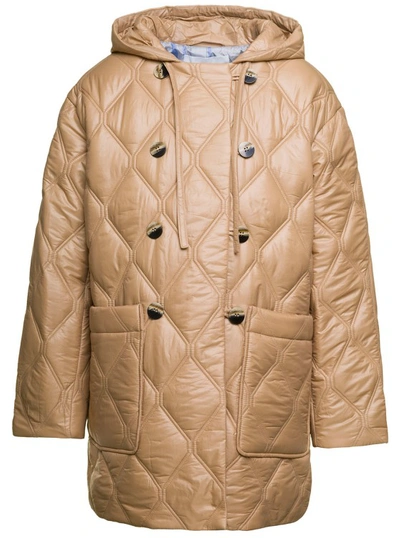 GANNI BEIGE QUILTED DOWN JACKET WITH HOOD IN RECYCLED NYLON