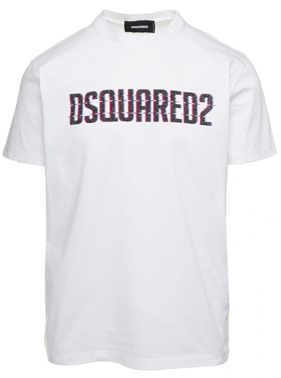 Dsquared2 Loose-fit White Cotton T-shirt With Logo Print In Silver