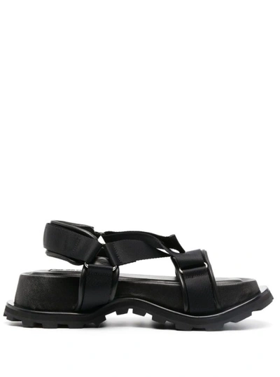 JIL SANDER BLACK HIKING PLATFORM SANDALS WITH TOUCH STRAP IN LEATHER