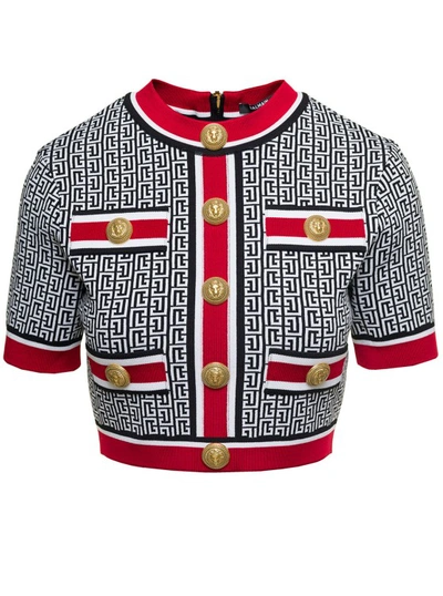 BALMAIN MULTICOLOR CROPPED TOP WITH MONOGRAM PRINT AND JEWEL BUTTONS IN VISCOSE BLEND