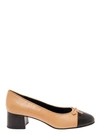 Tory Burch Beige And Black Ballet Flats With Bow Detail And Bi-color Toe In Smooth Leather Woman In Multi