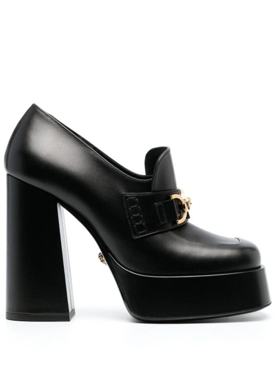 Versace Platform Loafers With Medusa Logo In Black Calf Leather
