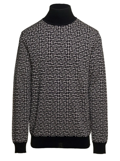 Balmain Black And White Sweater With 'all-over' Monogram In Wool And Linen Man In Grey