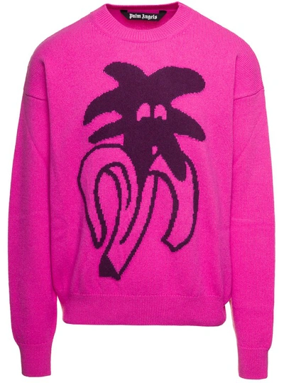 PALM ANGELS FUCHSIA 'JIMMY INTARSIA' JUMPER WITH LOGO DRAWING IN WOOL BLEND