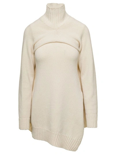 Jil Sander Cream White Two-piece Sweater With High-neck In Wool Woman In Beige