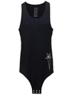 RICK OWENS BASKETBALL TANK' LONG BLACK TANK TOP WITH PENTAGRAM EMBROIDERY AND A SIX SNAP CLOSURE HANGING IN COT