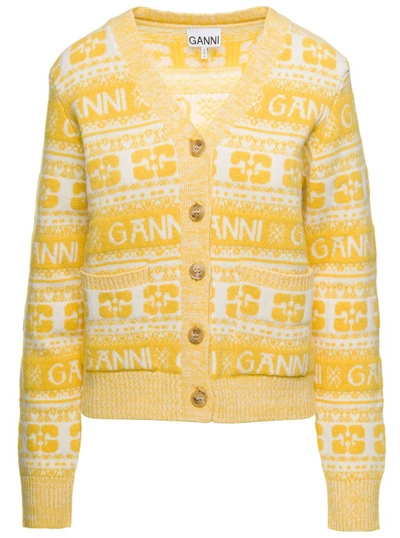 Ganni Logo Wool Mix Cardigan Maize Xs In Yellow