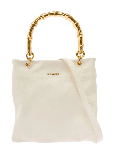 JIL SANDER WHITE TOTE BAG WITH BAMBOO STYLE HANDLES IN LEATHER