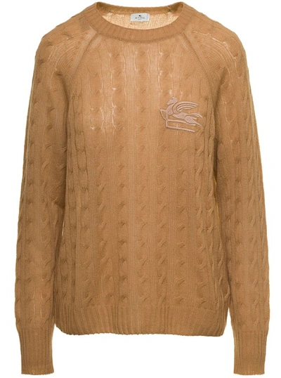 Etro Beige Braided Pullover With Embroidered Logo On The Chest In Cashmere Woman In Brown