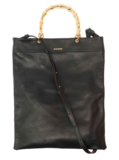 Jil Sander Black Tote Bag With Bamboo Handles In Leather In Grey