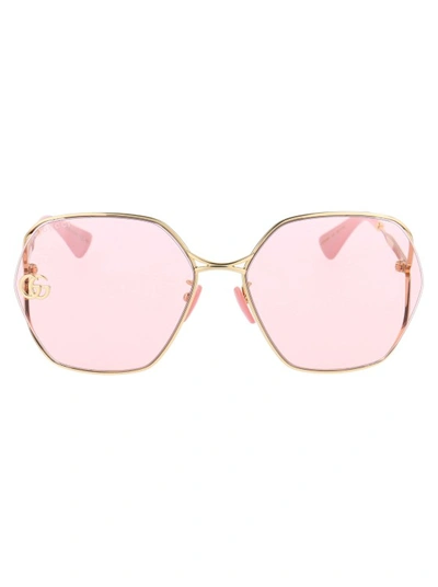 Gucci Fork Oversize Square Sunglasses In 003 Gold Gold Pink