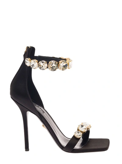 Versace 110mm Crystal-embellished Silk Stiletto Sandals In Black