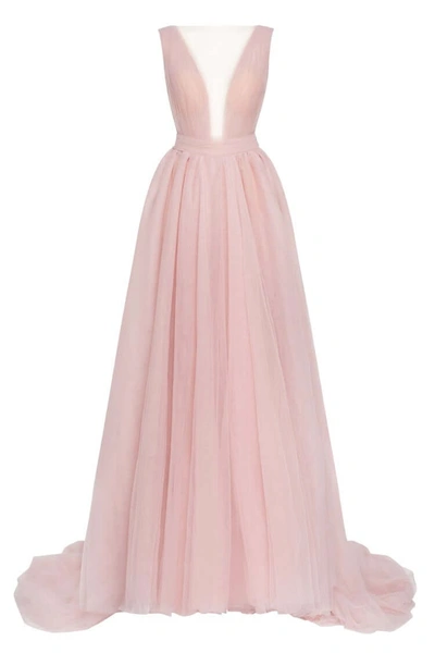 Milla Misty Rose Bow-back Maxi Evening Tulle Dress In Mistyrose #caa39a