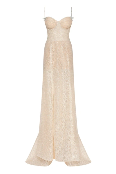 Milla Golden Royal Fitted Evening Gown With The High Slit