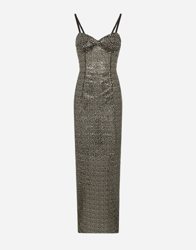Dolce & Gabbana Sequined Heart Neck Long Dress In Black