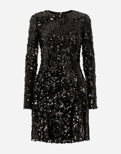Dolce & Gabbana Short Long-sleeved Sequined Dress In Black