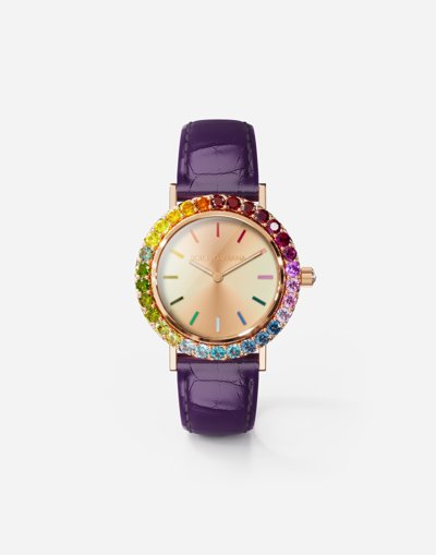 Dolce & Gabbana Iris Watch In Rose Gold With Multi-colored Fine Gems In Purple